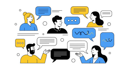 Diverse People Communicating with Speech Bubbles in Modern Flat Illustration