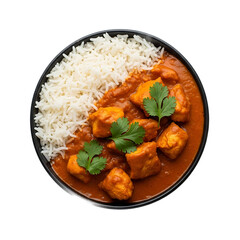 A vibrant overhead shot of a black bowl filled with creamy orange curry and fluffy white rice, garnished with fresh green herbs