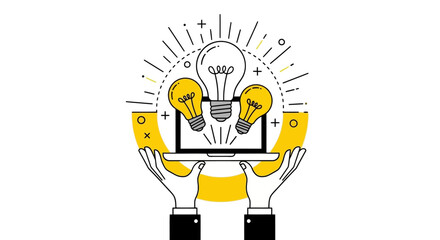 Creative Concept Laptop Glowing with Ideas, Held by Hands in a Burst of Inspiration and Technological Innovation