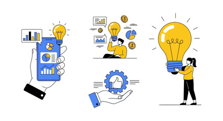 Creative Business Solutions Icons of Innovation, Data Analysis, and Support