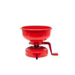 A vibrant red kitchen gadget with a bowl-like top, hand crank, and sturdy base isolated against black