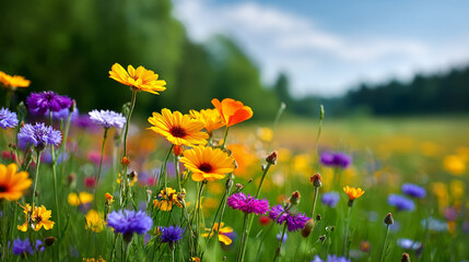 A beautiful, sun-drenched spring summer meadow. Natural colorful panoramic landscape with many wild flowers of daisies against blue sky. A frame with soft selective focus.