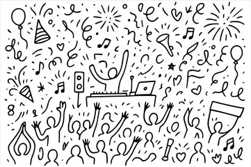 Hand-drawn doodle vector collection featuring a joyful mix of crowd and celebration-themed elements, created in a playful sketch style, isolated on white background
