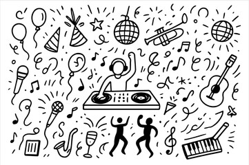 Hand-drawn doodle vector collection featuring a vibrant mix of music, DJ, and party-themed elements, designed in a playful sketch style, isolated on white background
