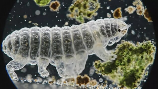 Microscopic Isopod: An intricate close-up reveals the delicate structure of a minuscule isopod, its translucent body and tiny features, adding an essence of the microscopic world.