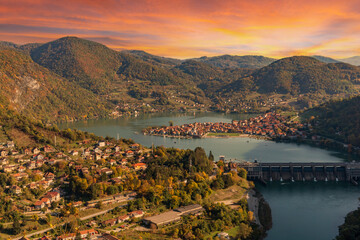 View of the Drina River from Zvornik Fortress at sunset, Bosnia and Herzegovina