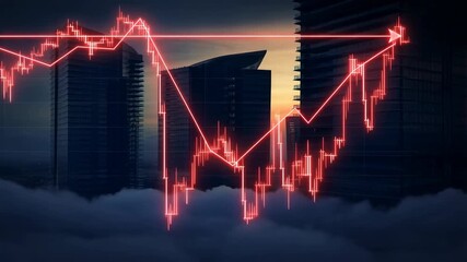 Red stock market graph showing volatility against city skyline - Powered by Adobe