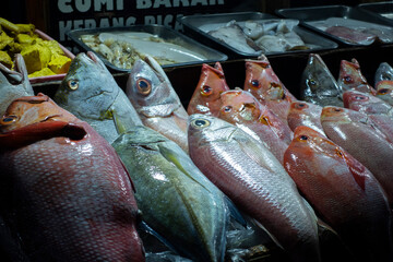 Vibrant fish lay on ice at a bustling market stall, with seafood trays visible in the background.