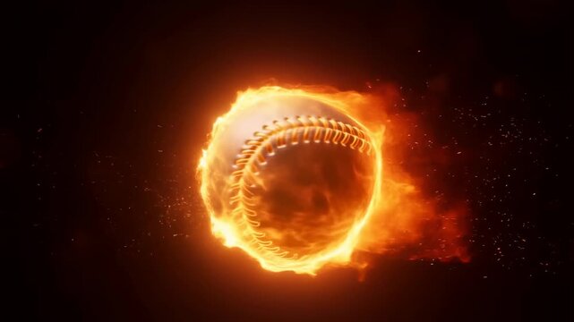 Baseball engulfed in flames, appearing to soar through darkness
