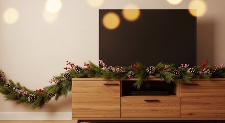 TV sits on a wooden console table decorated with garland and pinecones Lights glow behind