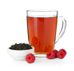 Cup of delicious tea, raspberries and brew isolated on white