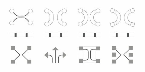 Set of abstract geometric shapes and symbols representing connections and transitions in a clean minimalist style