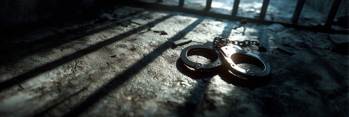 Dramatic photo of steel handcuffs abandoned on a prison floor with the shadows of prison bars. A hyper-realistic and symbolic image of justice, confinement and law enforcement. Generative Ai.