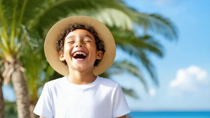 Joyful child straw hat smiling outdoors, embracing happiness tropical paradise with palm trees - Powered by Adobe