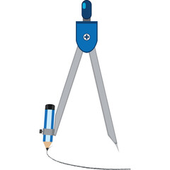 Blue and Silver Drafting Compass Drawing a Curved Line on a White Background