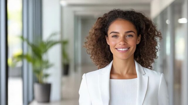 Confident woman smiling warmly in modern office, showcasing professionalism and business acumen