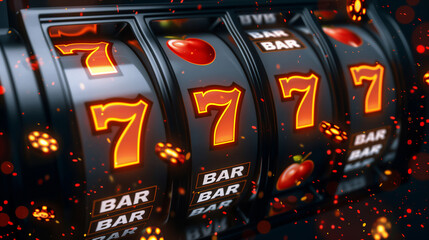 Fototapeta premium close-up of a glowing casino slot machine showing triple sevens, surrounded by neon lights and vibrant reflections. Generative ai raster colorful illustration.