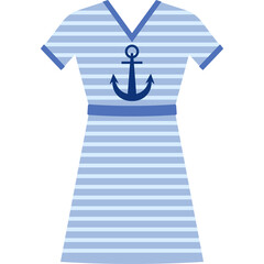 Blue and white striped short sleeve dress with navy blue anchor emblem and sash detail on a transparent background