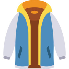 Blue and white winter jacket with orange hood and collar detailed with yellow trim and brown interior warm and cozy outerwear for cold weather season