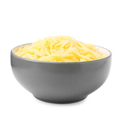 Grated cheese in bowl isolated on white