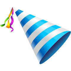 Blue and White Striped Party Hat with Colorful Streamers on Transparent Background Celebration Accessory
