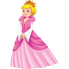 Blonde Princess Wearing a Pink Gown and Gold Crown Standing with Hands Clasped in a White Room