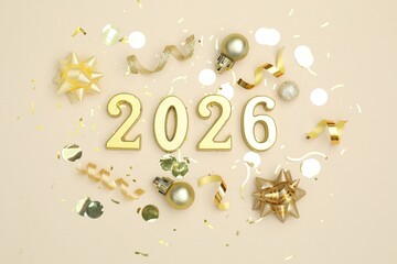 New 2026 Year. Golden numbers, shiny baubles and confetti on beige background, flat lay