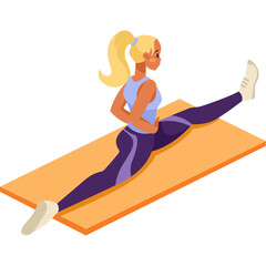 Blonde Woman Performing Full Split on Orange Yoga Mat in Athletic Wear with Light Blue Top and Purple Leggings