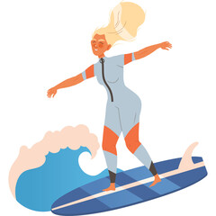 Blonde Woman Surfing On Blue Surfboard Riding Blue Ocean Wave Wearing Light Blue Wetsuit With Orange Accents On Transparent Background