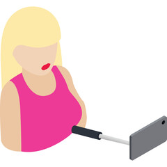 Blonde Woman Taking Selfie With Selfie Stick She Wears A Pink Tank Top And Red Lipstick Isolated On White Background