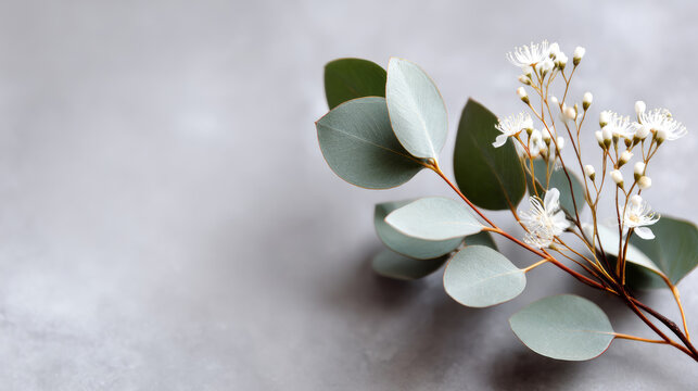 A small sprig of eucalyptus leaves with delicate white flowers, surrounded by a soft light gray background for minimalist elegance
