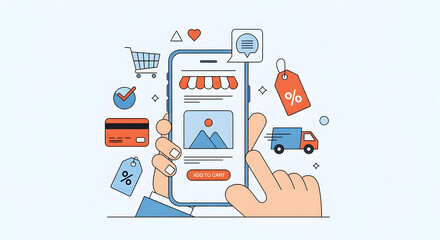 Illustration of a person using a smartphone for online shopping with various e-commerce icons.