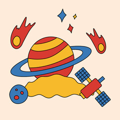 Retro Cartoon Style Planet with Satellite and Comet Graphic Illustration