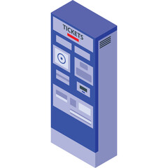 Blue and Purple Isometric Digital Ticket Vending Machine With Text Tickets On Top Displaying Information Screen And Buttons In A Flat Design With Transparent Background