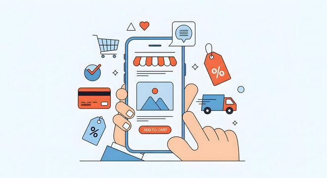 Illustration of a person using a smartphone for online shopping with various e-commerce icons.