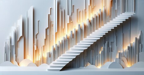 Fototapeta premium Abstract staircase rises amid geometric pillars. Warm light emanates from gaps, creating dramatic visual effect. Minimalist design.