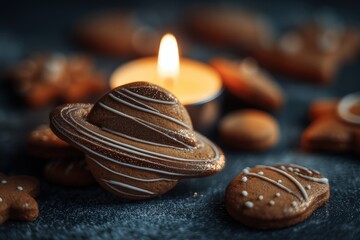 Decorative cookies shaped like planets, including a Saturn design, arranged artistically with a lit candle, creating a cozy and inviting atmosphere for festive celebrations