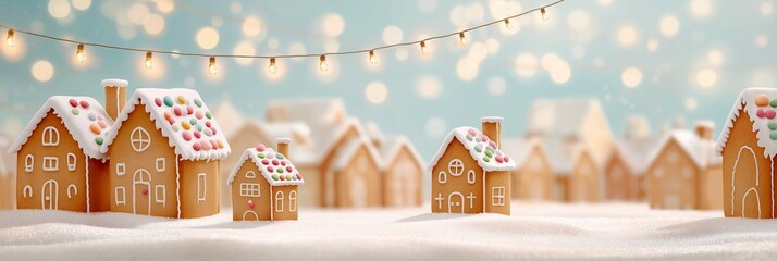 Gingerbread cityscape featuring charming houses adorned with colorful icing and candy, set against a soft snowy background with twinkling lights creating a festive atmosphere