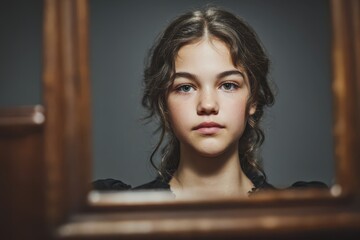 Juvenile Judge. Confident Caucasian Girl Holding Mirror in Studio, Smiling
