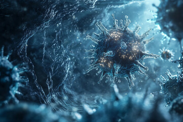 Generative AI illustration of microscopic bacterial forms showcasing vivid molecular structures and glowing effects