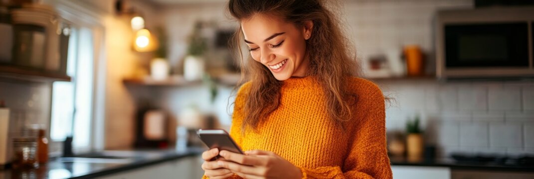 A Smiling Woman in a Modern Kitchen Uses Her Mobile for Financial Planning and Investment Management