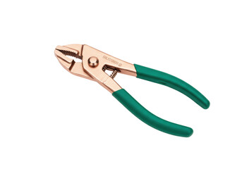 Isolated slip joint pliers tool with green handles is ready for plumbing maintenance job