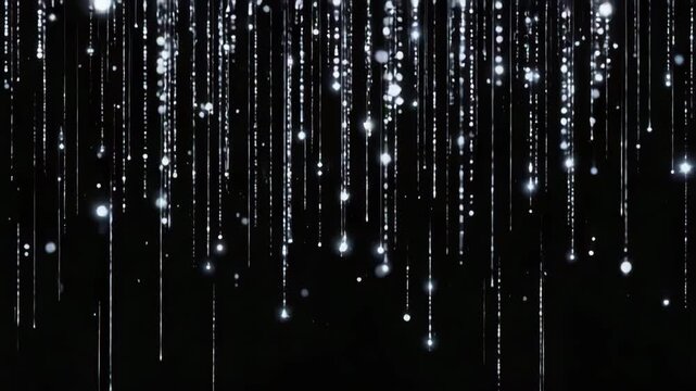 A continuous loop animation featuring sparkling, white, shimmering particles and light trails falling like rain or a curtain against a dark, black background