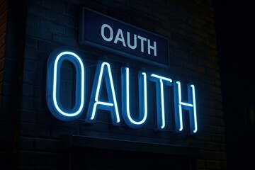 Fototapeta premium A glowing blue neon sign spelling OAUTH is mounted on a dark brick wall at night with a smaller sign above it