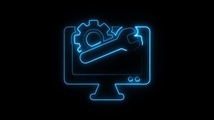 Neon blue computer monitor screen with wrench and gear icon symbolizing technical support repair maintenance service