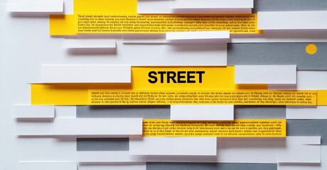 Abstract composition. Yellow rectangles overlap gray surfaces. Text visible within blocks. Central street title prominent. Minimalist design.