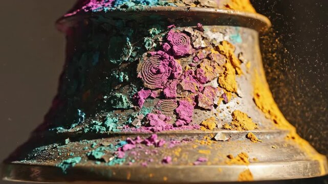 Celebrating the Holi festival with colorful powders on a temple bell.