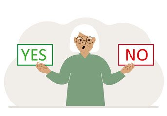 A woman holds two banners Yes and No in his hands. Test question. Indecisive choice, argument, opposition, choice, dilemma, opponent's view.