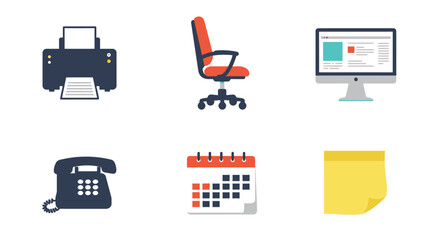 Office Supplies and Equipment Collection Flat Icons.