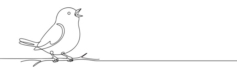 Minimalist continuous line art of a singing bird perched on a branch, perfect for elegant designs.